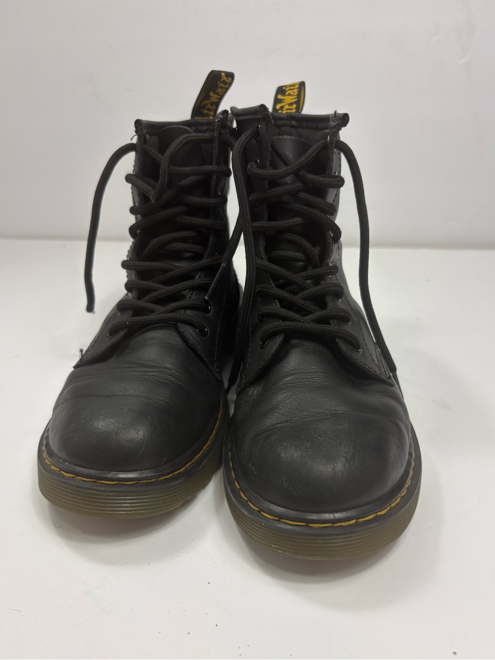 Dr. Martens Black Leather Lace-Up Combat Boots with Yellow Stitching